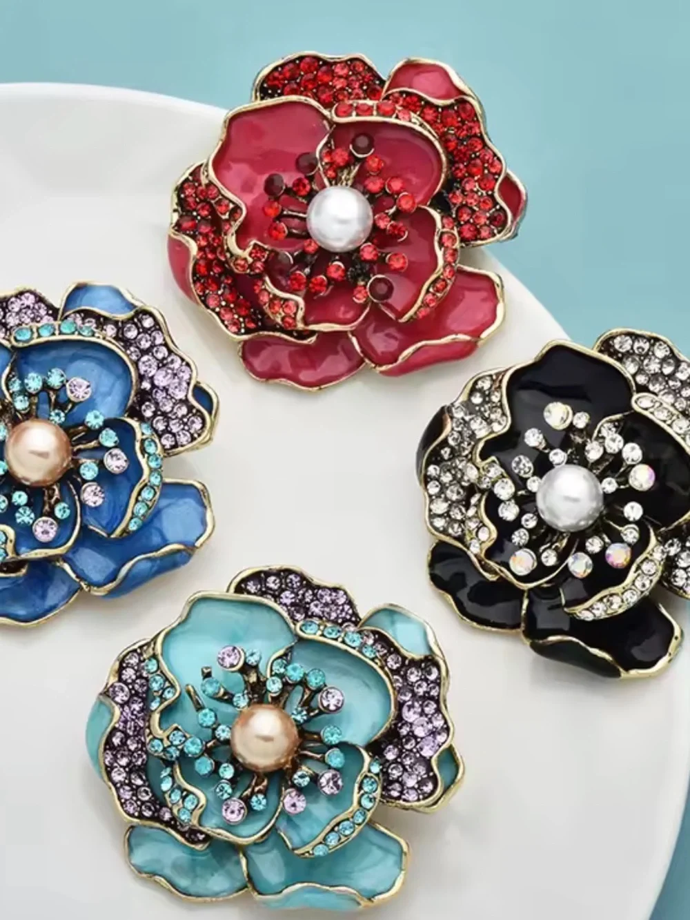Romantic Red Scarlet Rose Pearl Floral Brooch